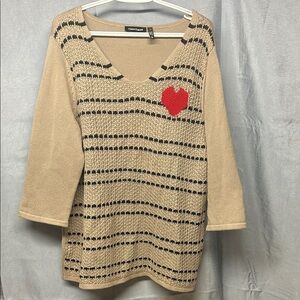 Claire France Tan and Black V-Neck Sweater with Red Heart